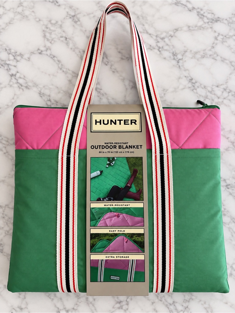 HUNTER Adorable Pink & Green Water Resistant Picnic Blanket & Tote 60X70 NWT